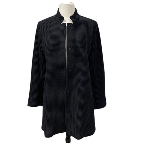 Eileen Fisher Stand Collar Waffle Knit Jacket SZ M Black Longer Length - Picture 3 of 8